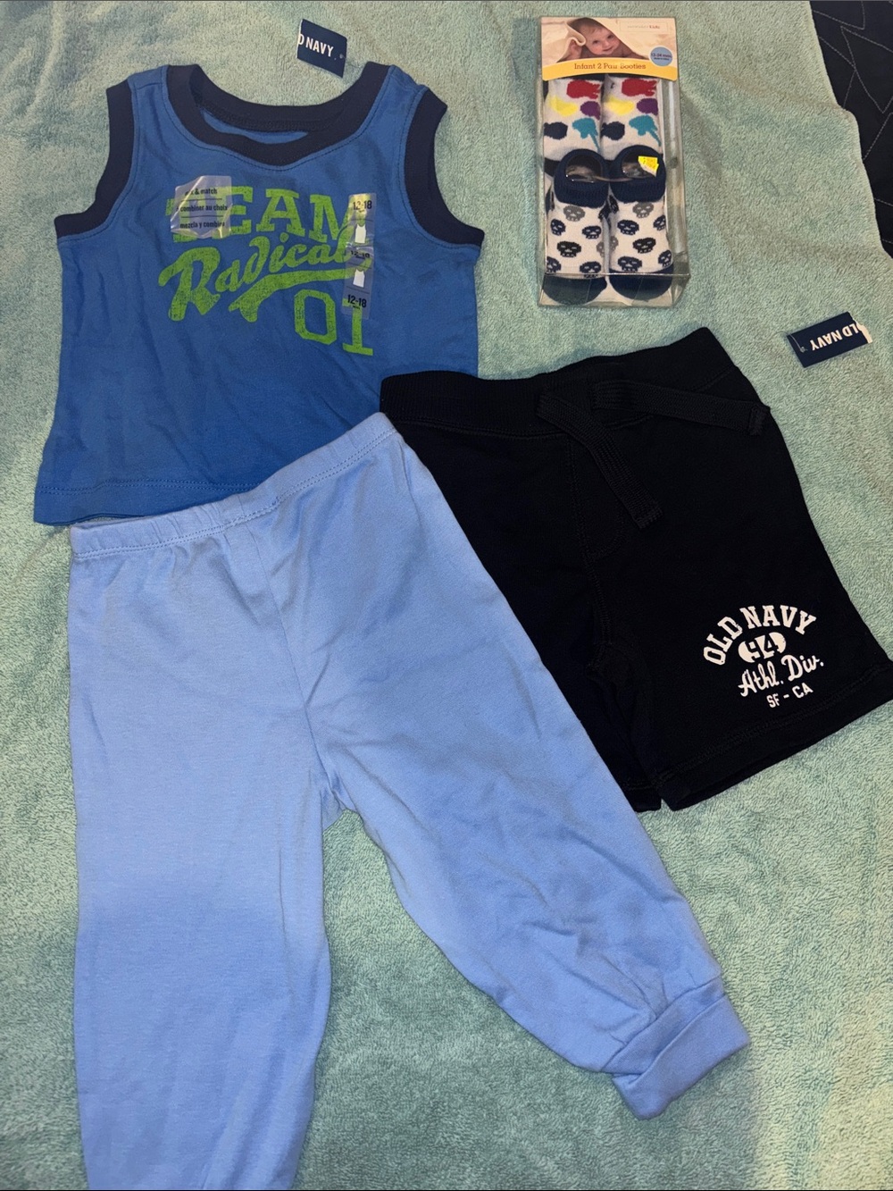 4 NWT Old Navy Boys Black Shorts & tank team, faded glory pants & bootie 12-18m